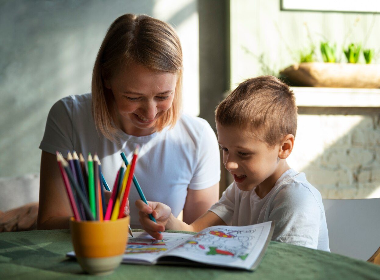 Mother educating her autistic son at home